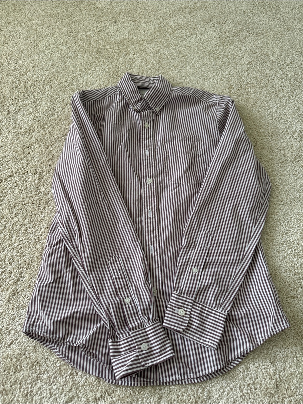 American Eagle Outfitters Men's Burgundy and White Striped Dress Shirt
